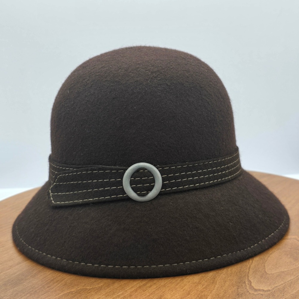 Womens Brown Wool‎ Cloche Hat with Buckle Detail One Size